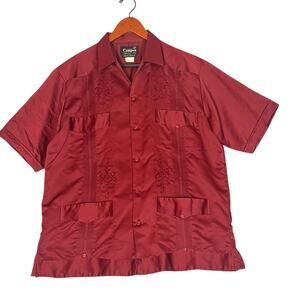 Guayabera Campos Button Down Shirt Mens 42 Red Satin Embroidered Short Sleeve